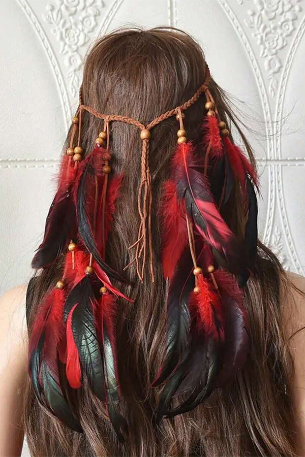 Bohemian Handwoven Rope Wood Bead Feather Headband