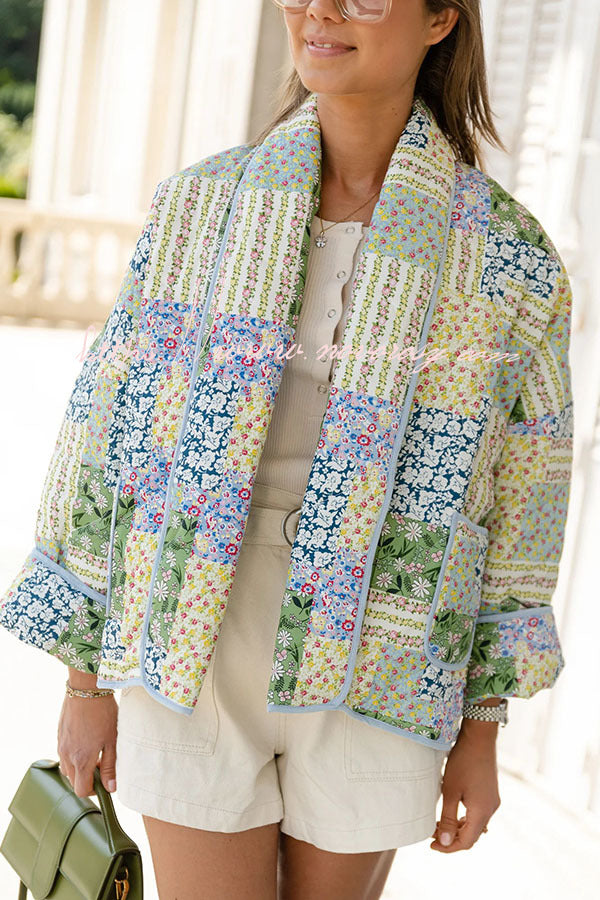 Vintage Multiple Patchwork Print Pocketed Relaxed Cotton Jacket