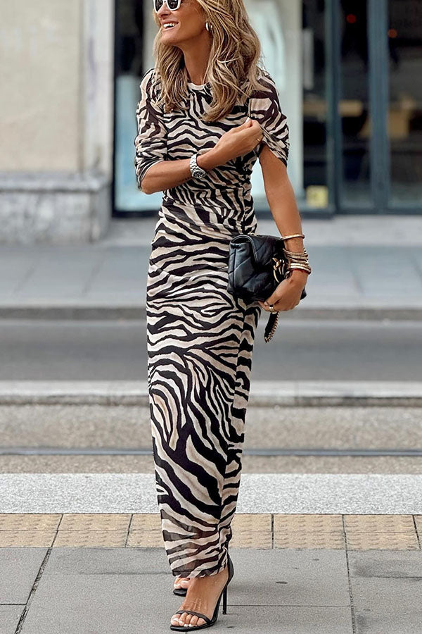 Natural Beauty Mesh Zebra Print Ruched Stretch Maxi Dress