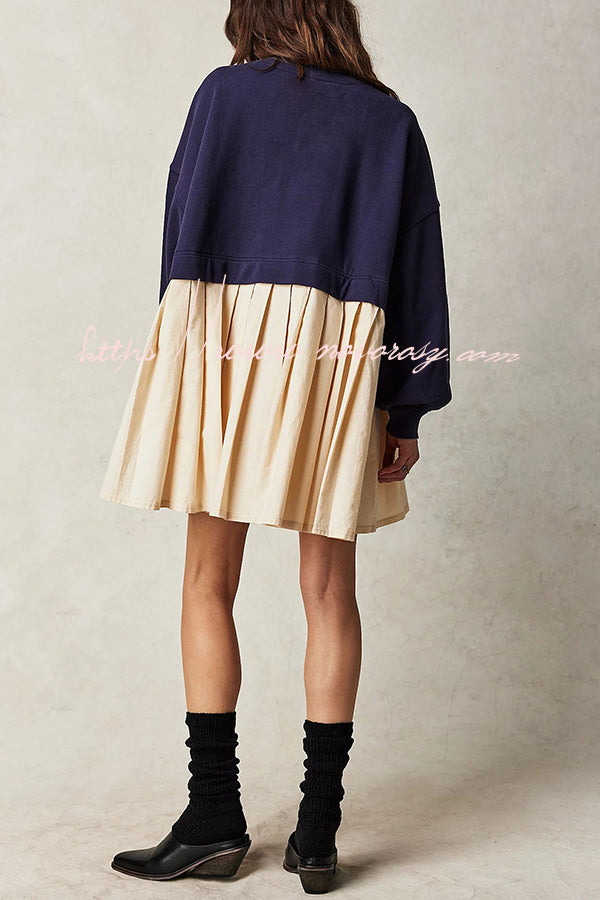 Sweet and Special Exaggerated Pleated Patchwork Sweatshirt A-line Mini Dress