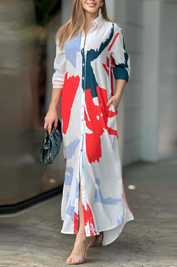 Abstract Art Print Pocket Button Long Sleeve Maxi Dress