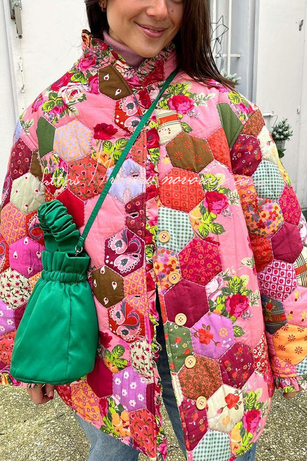 Vintage Roses Patchwork Print Ruffle Trim Quilted Cotton Jacket