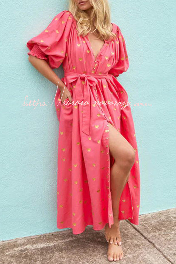 Valentine's Day Gold Heart Print Puff Sleeve Button Pocketed Loose Maxi Dress