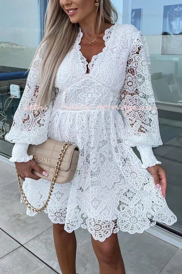 Luxe Debut Floral Crochet Lace Lantern Sleeve Mini Dress