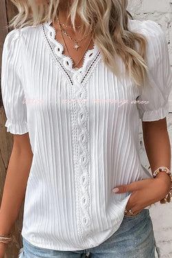V Neck Solid Color Hollow Lace Shirt
