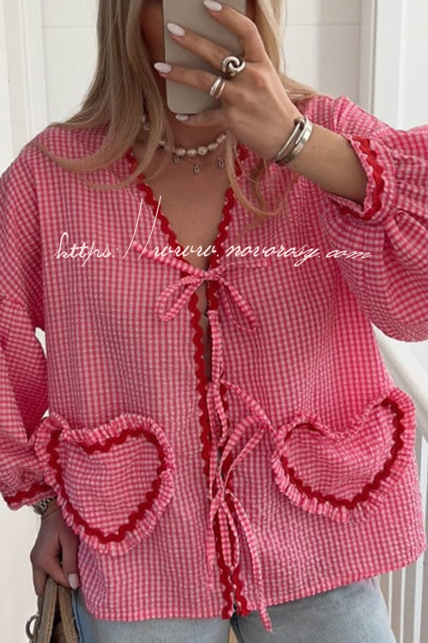 Lovely Plaid Heart Pattern Casual Lace-up Pocket Loose Shirt