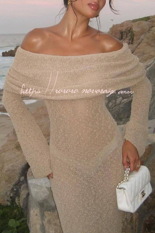 Marisol Ribbed Boucle Material Draped Off Shoulder Stretch Vacation Maxi Dress