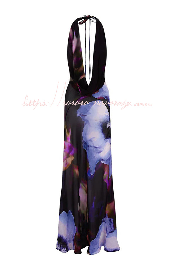 Bold and Sexy Tie-dye Abstract Floral Halter Drape Neck Backless Maxi Dress