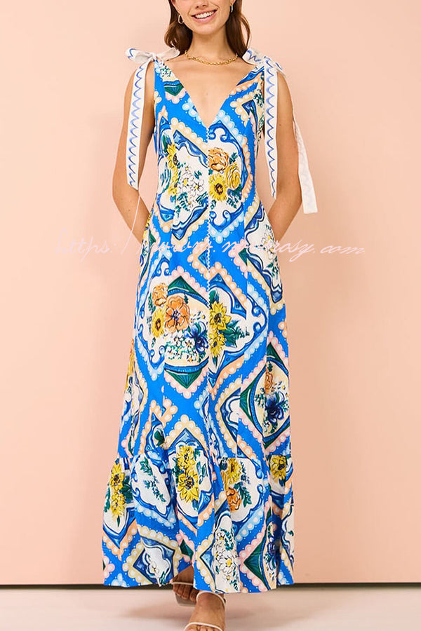 Float Through Summer Linen Blend Floral Print Tie-up Shoulder Maxi Dress
