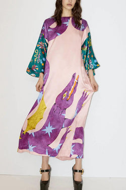 Artistic Nature Satin Unique Print Contrast Slit Relaxed Vacation Maxi Dress