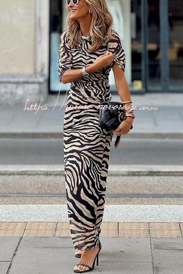 Natural Beauty Mesh Zebra Print Ruched Stretch Maxi Dress