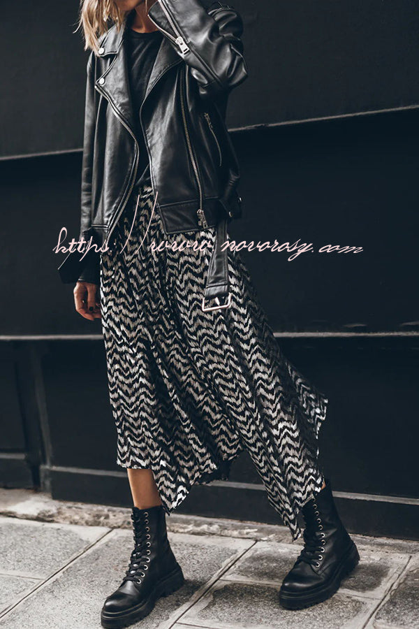 Olivia Metallic Fabric Back Elastic Waist Irregular Hem Midi Skirt