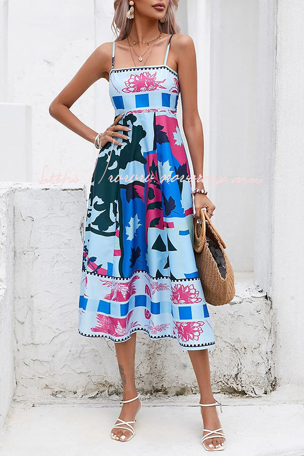 Tea Party Vibes Unique Print Pocketed Smocked Back Midi Dress