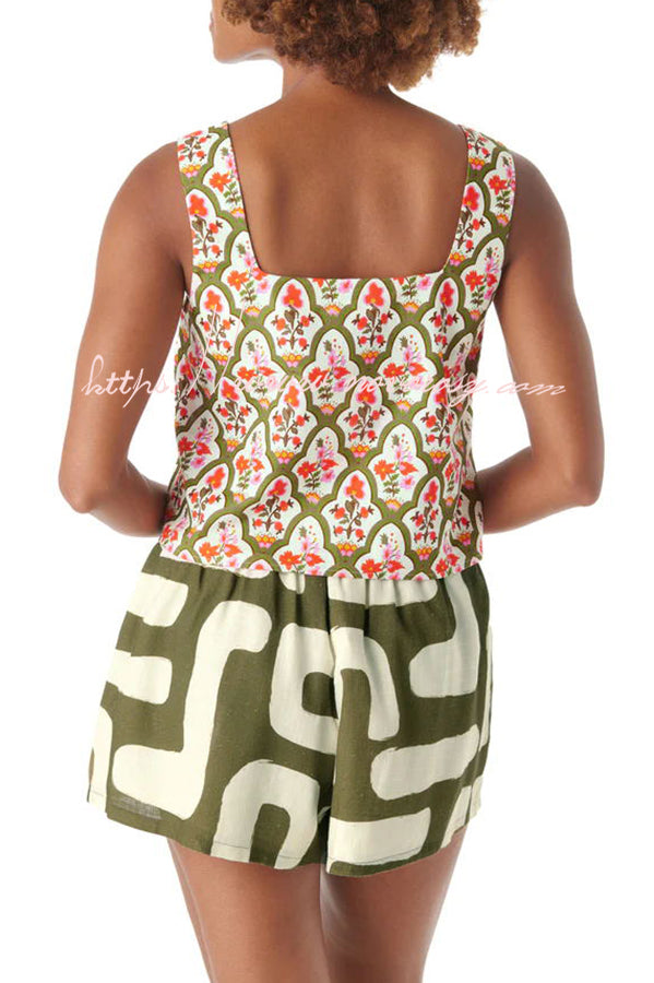 Vacation Chic Linen Blend Unique Print Square Tank and Elastic Waist Pocketed Shorts Set