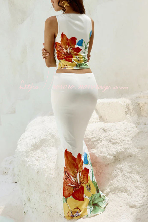 Beauty Views Abstract Floral Print Stretch Tank and Elastic Waist Maxi Skirt Set