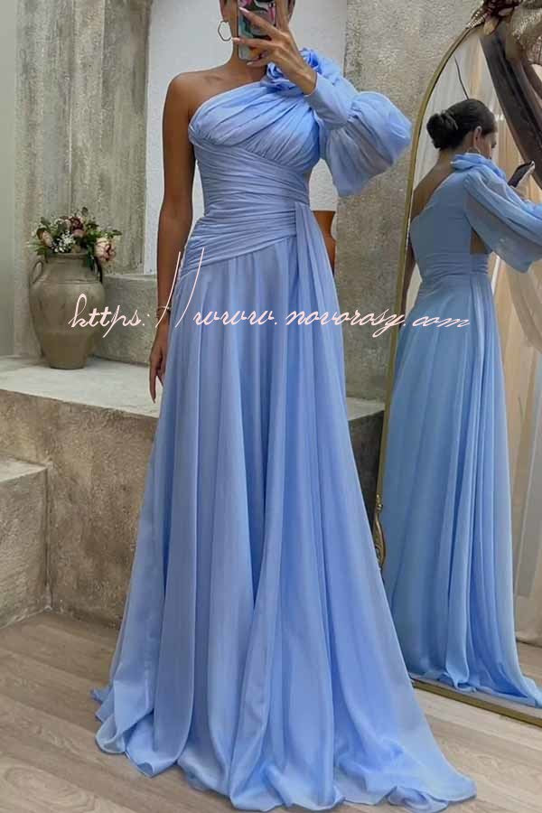 Pretty First Solid Color Floral Pleated One Shoulder Sleeve Slit Maxi Dress