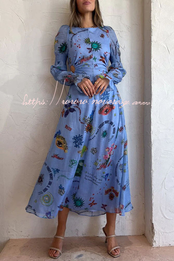Special Holiday Linen Blend Unique Print Cut Out Puff Sleeve Lightweight Midi Dress