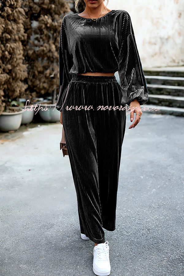 Velvet Long Sleeved Top and Wide Leg Pants Two Piece Set