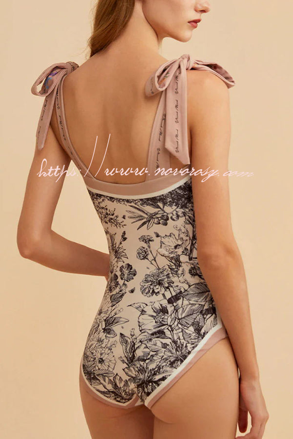 Sherry Vintage Style Floral Printed Reversible Tie Shoulder Stretch One-piece Swimsuit