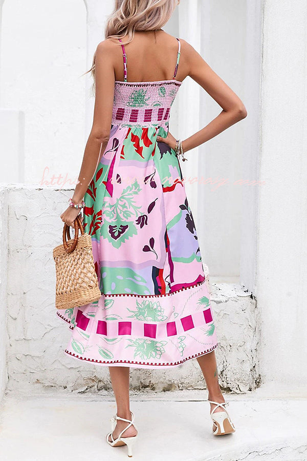 Tea Party Vibes Unique Print Pocketed Smocked Back Midi Dress