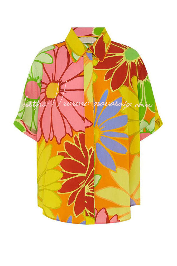 Savina Colorful Floral Print Button Down Oversized Blouse