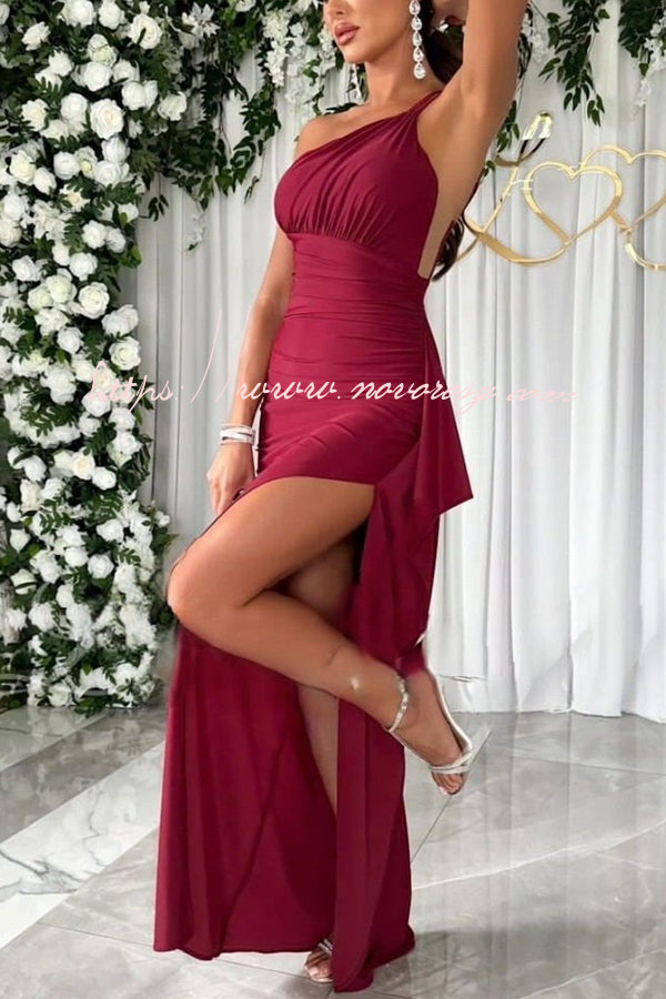 Party Love One Shoulder Ruched Waist Ruffle Slit Maxi Dress