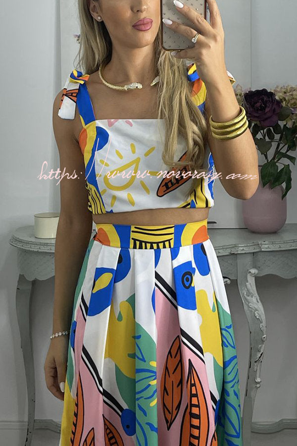 Maisel Abstract Print Shoulder Tie Smocked Top and Elastic Waist Pleated Skirt Set