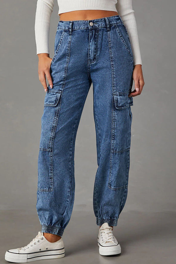 Durant High-rise Cargo Pocket Elastic Waist Button Jeans