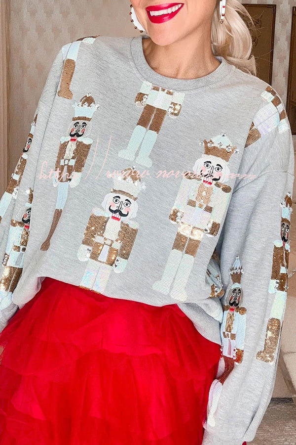 Holiday Traditions Colorful Nutcracker Printed Loose Sweatshirt