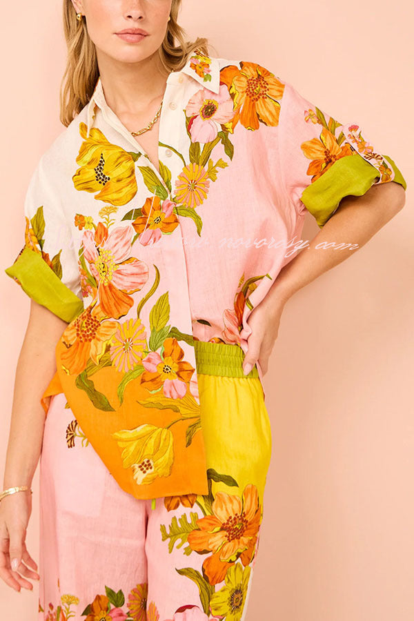 Elevate Your Wear Linen Blend Creative Flowers Button Down Oversized Blouse