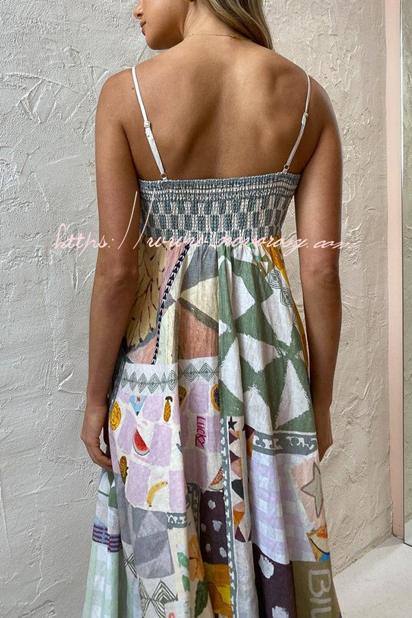 Wonderful Weekend Linen Blend Unique Print Smocked Back Pocketed Midi Dress