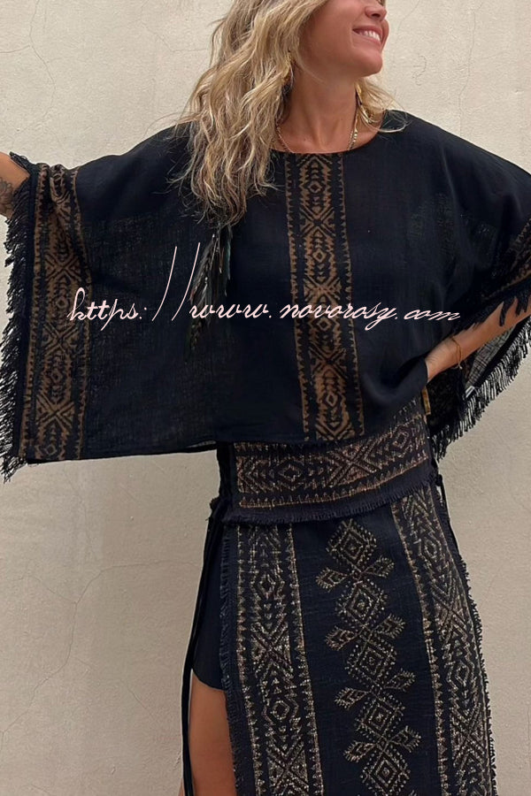 Bianca Linen Blend Ethnic Print Tassel Trim Wide Sleeve Loose Top