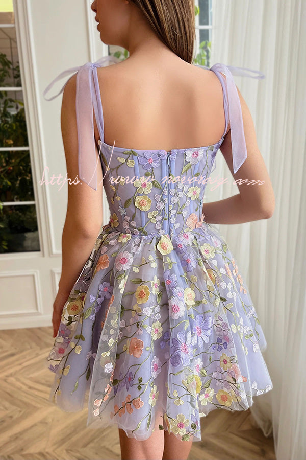 Lavender Floral Lace Up High Waisted Back Zip Mini Dress