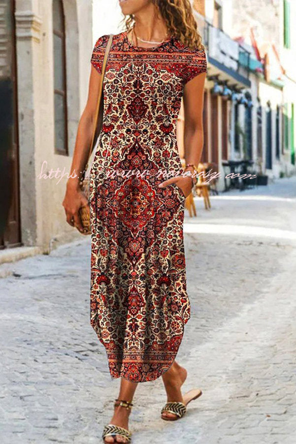 Ada Ethnic Floral Pocketed Daily /vacation Stretch Midi Dress