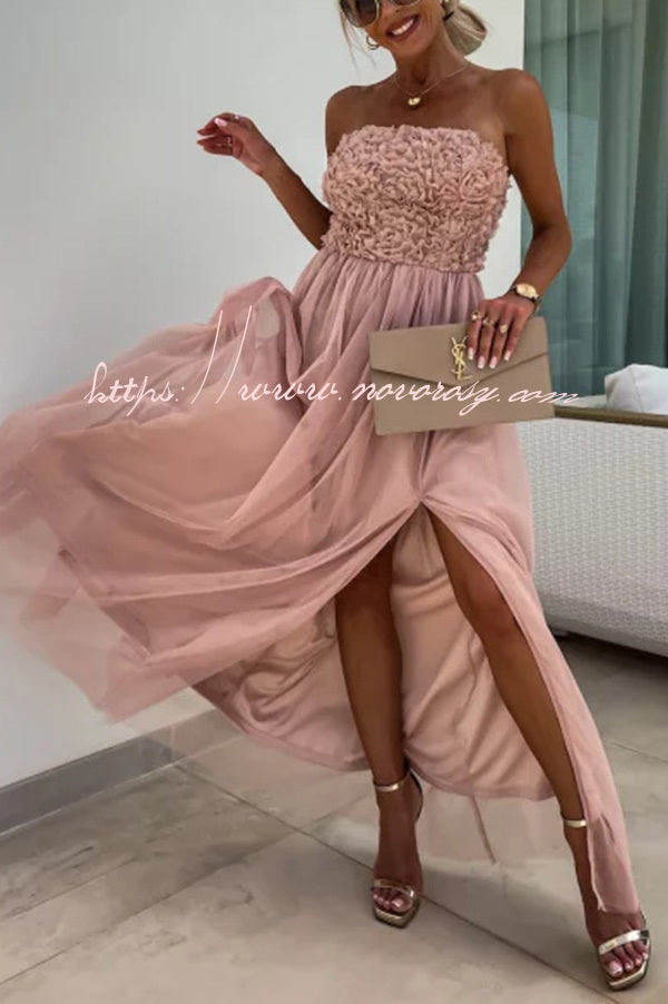 Romance and Lightness Tulle Floral Texture Pleated Patchwork Strapless Slit Maxi Dress