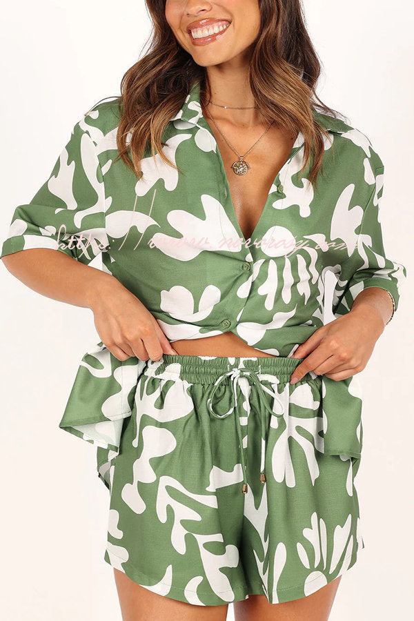 Summer Is Coming Printed Button Up Blouse and Elastic Waist Pocketed Shorts Set
