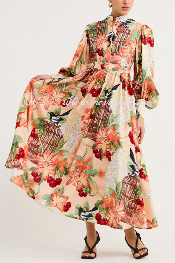 Life’s Romantic Moments Court Floral Print Balloon Sleeve Shirt Midi Dress