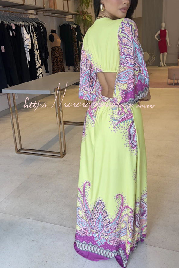 Stand Out and Shine Palace Style Print Bell Sleeve Backless Vacation Maxi Dress