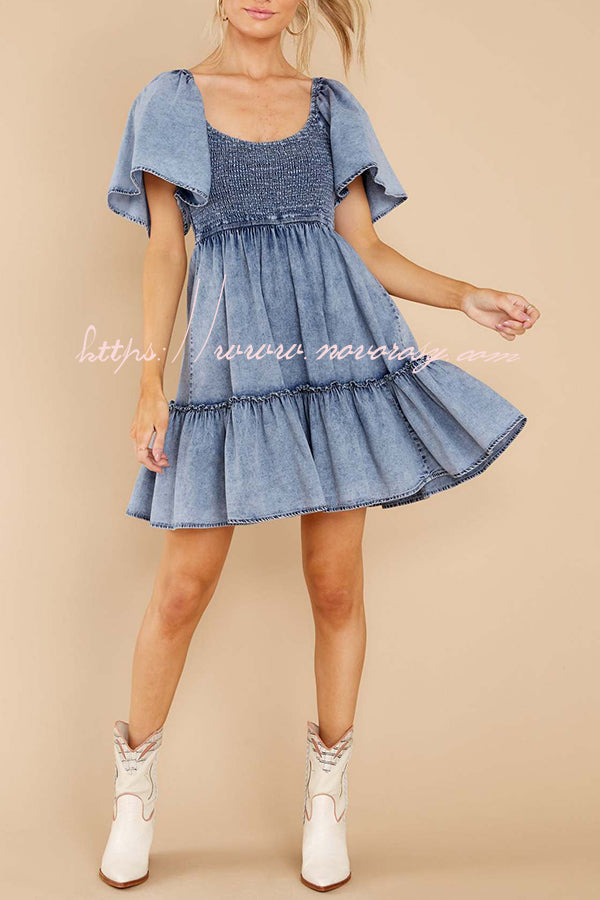Hello Cutie Pie Denim Smocked Puff Sleeve Mini Dress