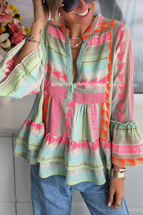 Phylis Linen Blend Colorful Ethnic Print Bell Sleeve Babydoll Blouse