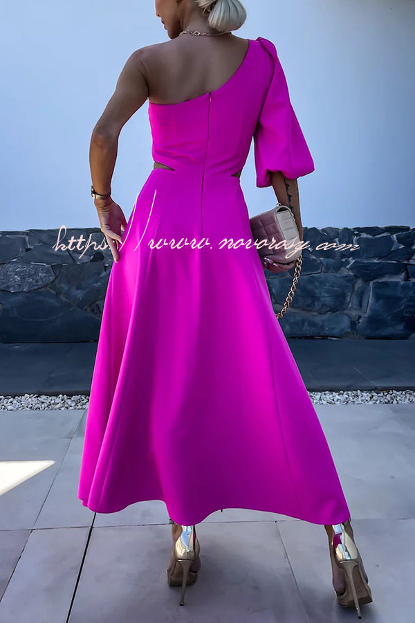 Full of Charm Rose Embellished One Shoulder Cutout Slit Midi Dress