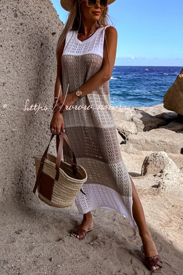 Alive and Free Knit Colorblock Hollow Out Slit Beach Midi Dress