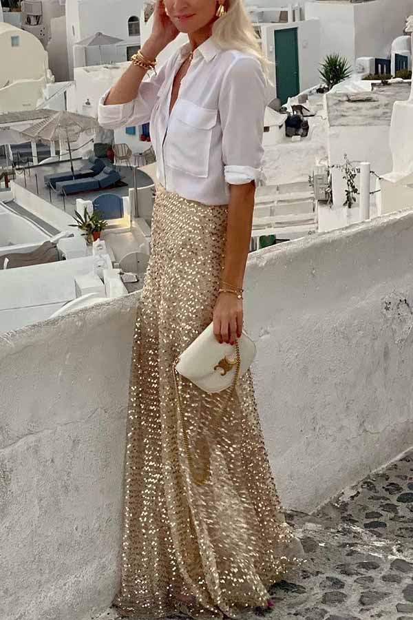 Golden Evening Sequin Elastic Waist Maxi Skirt