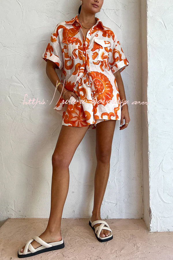 Dreamscape Linen Blend Abstract Conch Printed Button Shirt and Elastic Waist Pocketed Shorts Set