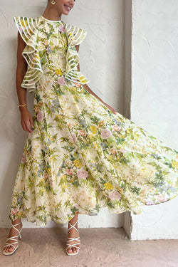 Romantic Silhouette Flower Print Back Lace-up Ruffle Sleeve Midi Dress