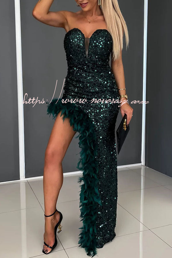 Magic Year Sequin Off Shoulder Feather Trim Asymmetrical Party Maxi Dress
