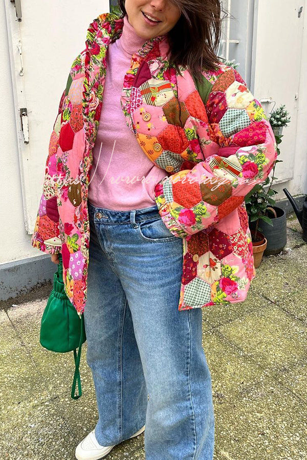 Vintage Roses Patchwork Print Ruffle Trim Quilted Cotton Jacket