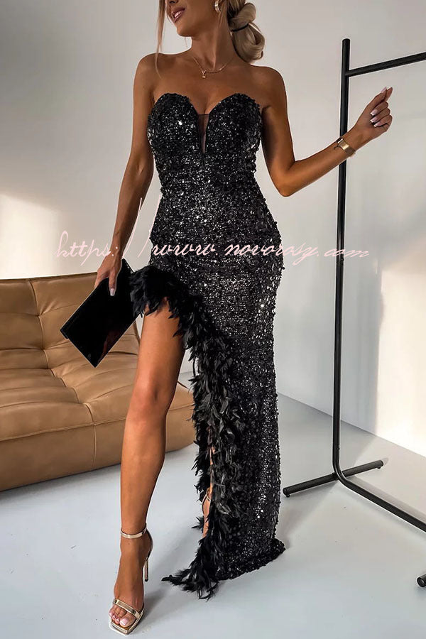 Magic Year Sequin Off Shoulder Feather Trim Asymmetrical Party Maxi Dress