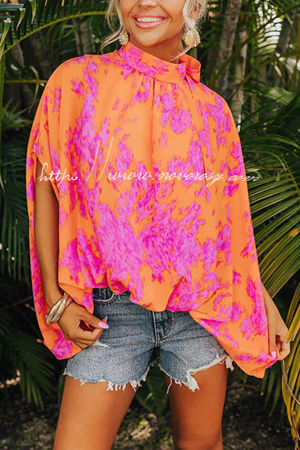 Vibrant Vibes Printed High Neck Loose Short Sleeves Blouse