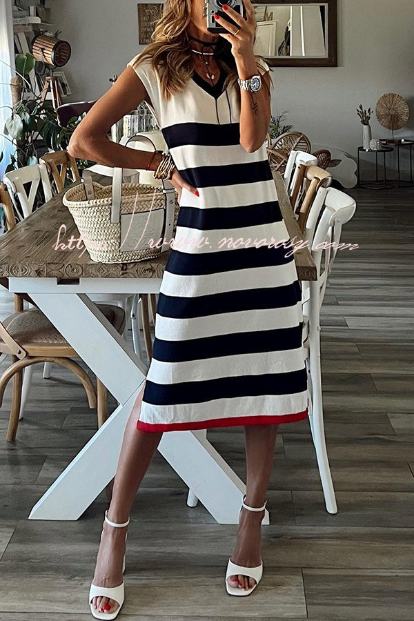 Cutest In The Room Striped V-neck Loose Slit Midi Dress